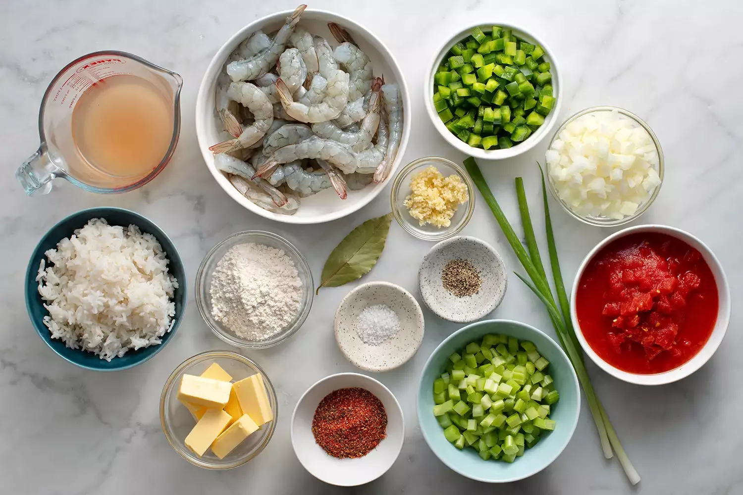 A colorful mise en place for shrimp creole